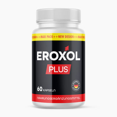 Eroxol Plus Dose mit rotem Etikettstreifen unten, schwarzem Design und Schrift 60 Kapseln